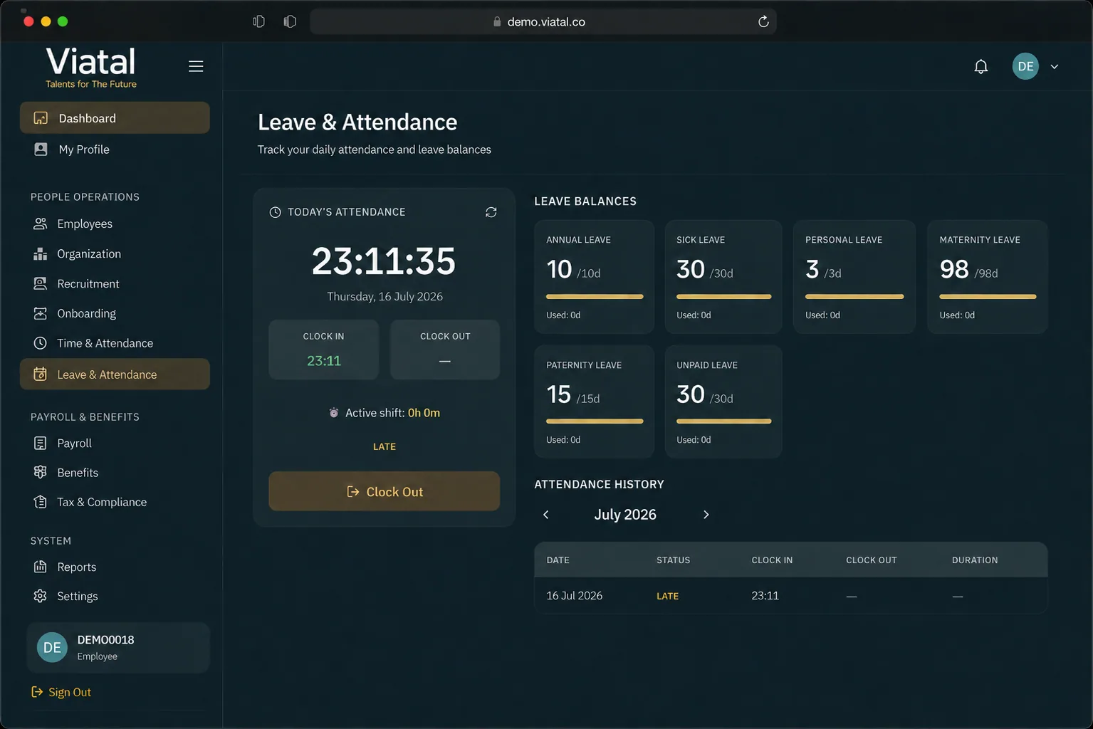 VIATAL HRIS leave and attendance dashboard